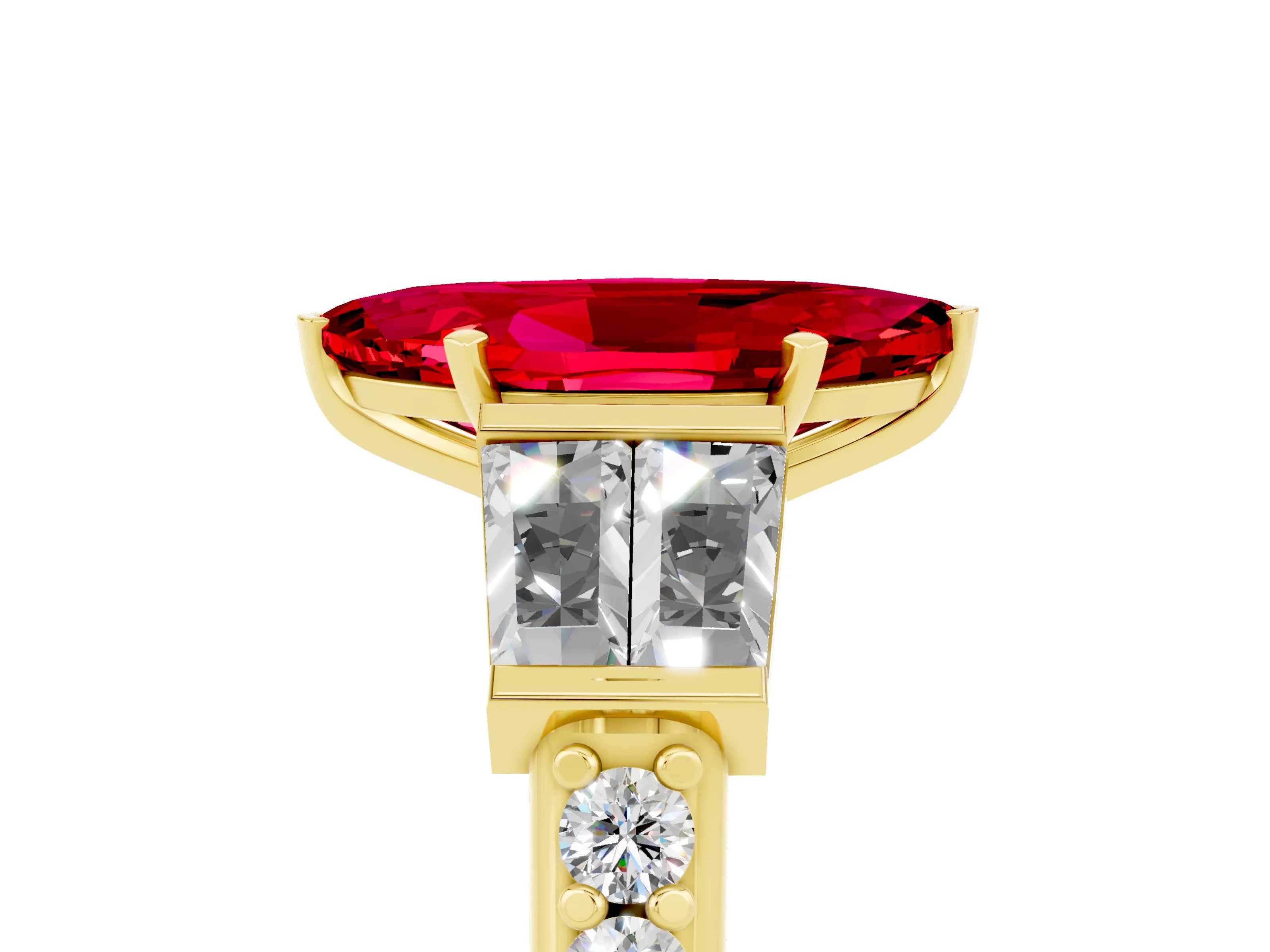Yellow gold Marquise Cut Ruby Engagement Ring with Baguette Side Stones and Channel Set Band_5