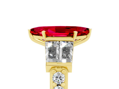 Yellow gold Marquise Cut Ruby Engagement Ring with Baguette Side Stones and Channel Set Band_5