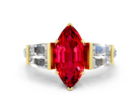 Yellow gold Marquise Cut Ruby Engagement Ring with Baguette Side Stones and Channel Set Band