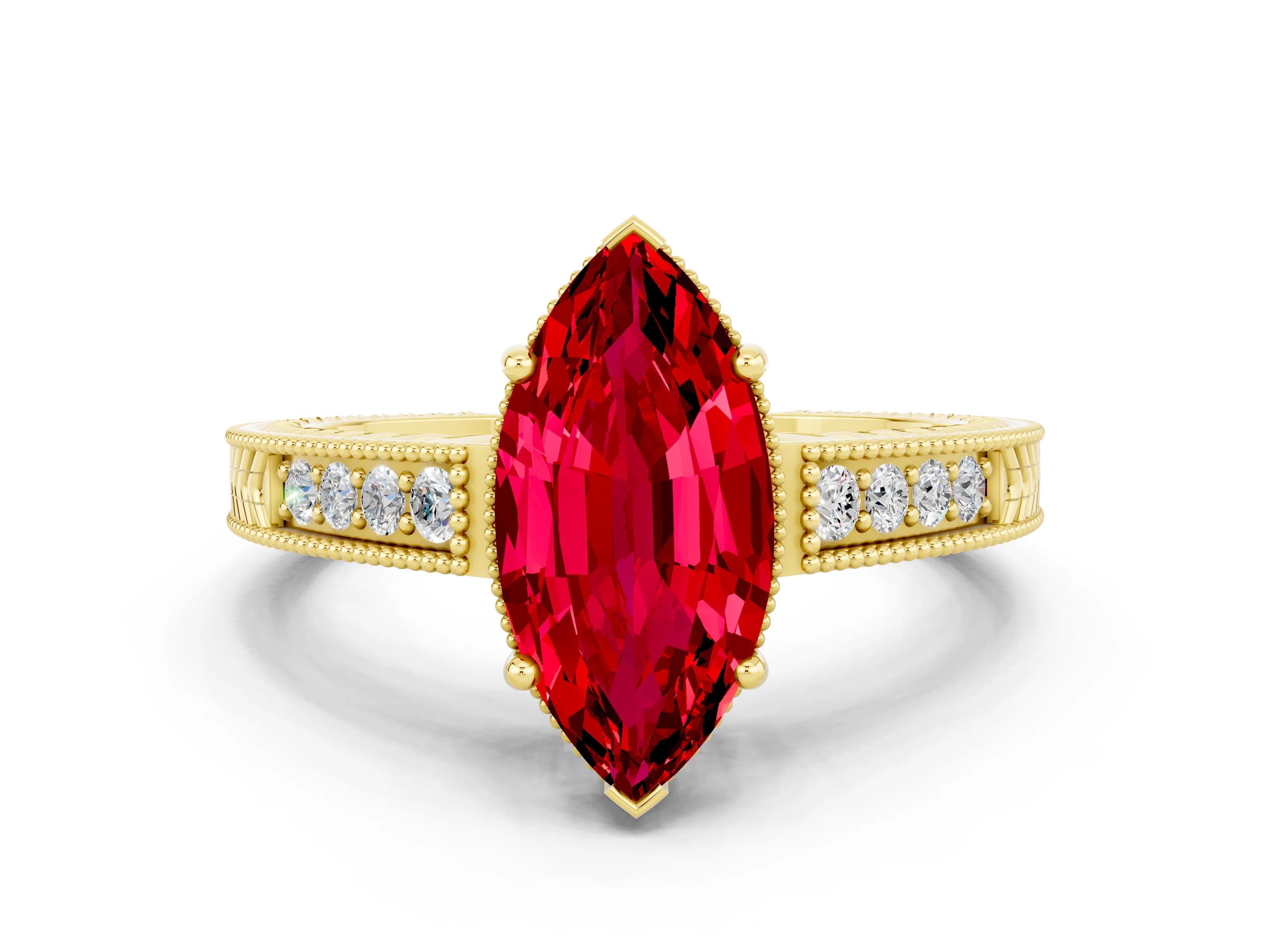 Yellow gold Marquise Cut Ruby Engagement Ring with Milgrain Channel Set Band and Prong Setting