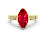 Yellow gold Marquise Cut Ruby Engagement Ring with Milgrain Channel Set Band and Prong Setting