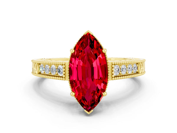 Yellow gold Marquise Cut Ruby Engagement Ring with Milgrain Channel Set Band and Prong Setting
