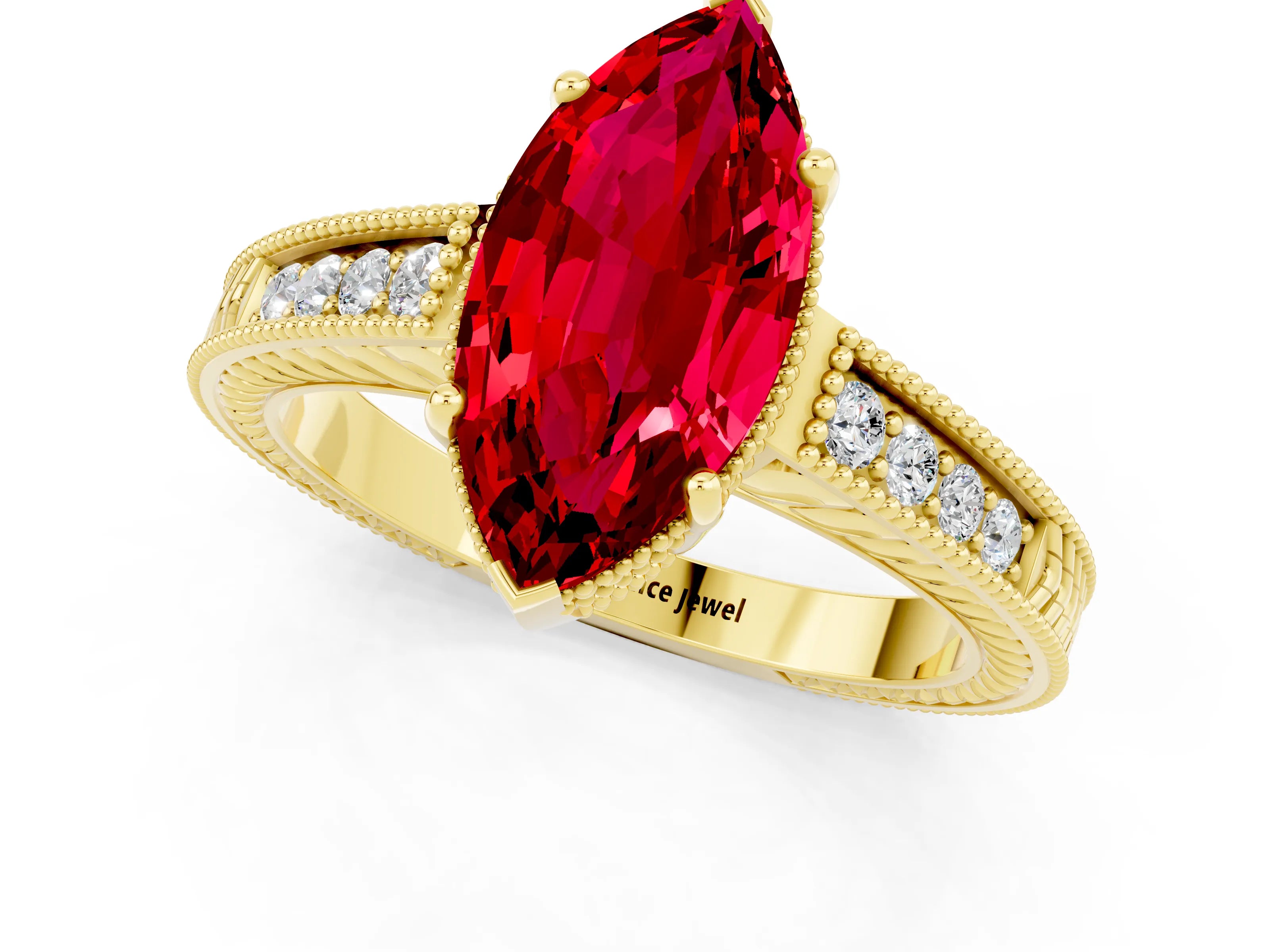 Yellow gold Marquise Cut Ruby Engagement Ring with Milgrain Channel Set Band and Prong Setting_1