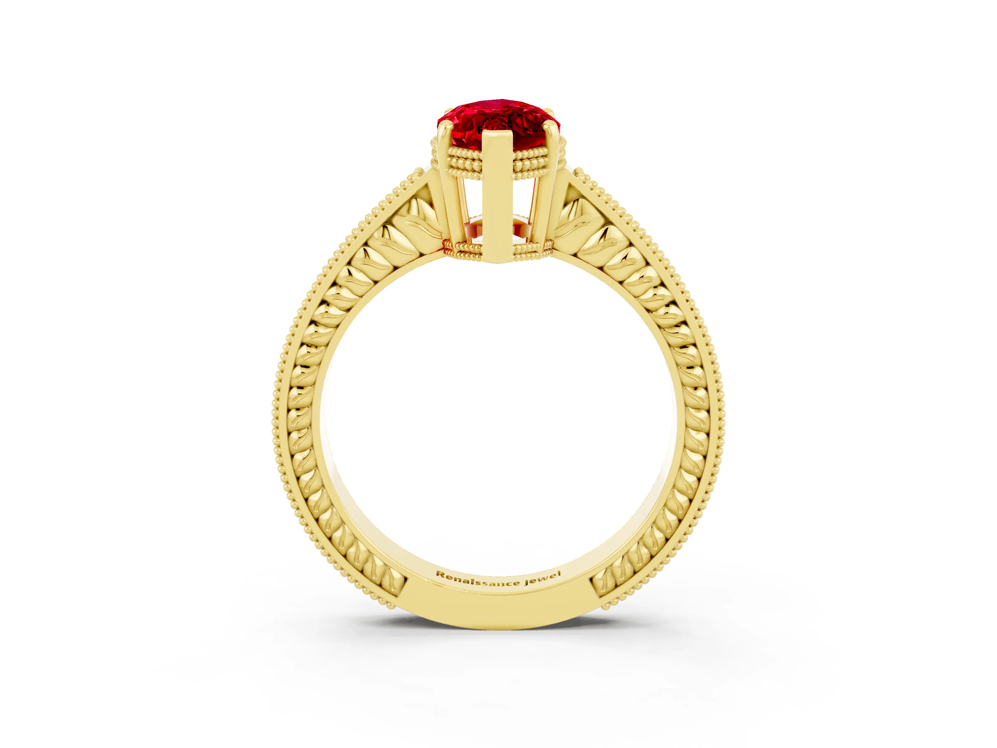 Yellow gold Marquise Cut Ruby Engagement Ring with Milgrain Channel Set Band and Prong Setting_3