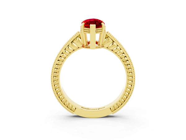 Yellow gold Marquise Cut Ruby Engagement Ring with Milgrain Channel Set Band and Prong Setting