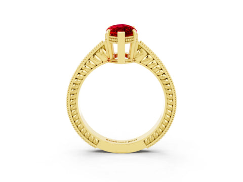 Yellow gold Marquise Cut Ruby Engagement Ring with Milgrain Channel Set Band and Prong Setting_3