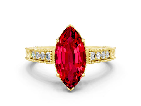 Yellow gold Marquise Cut Ruby Engagement Ring with Milgrain Channel Set Band and Prong Setting