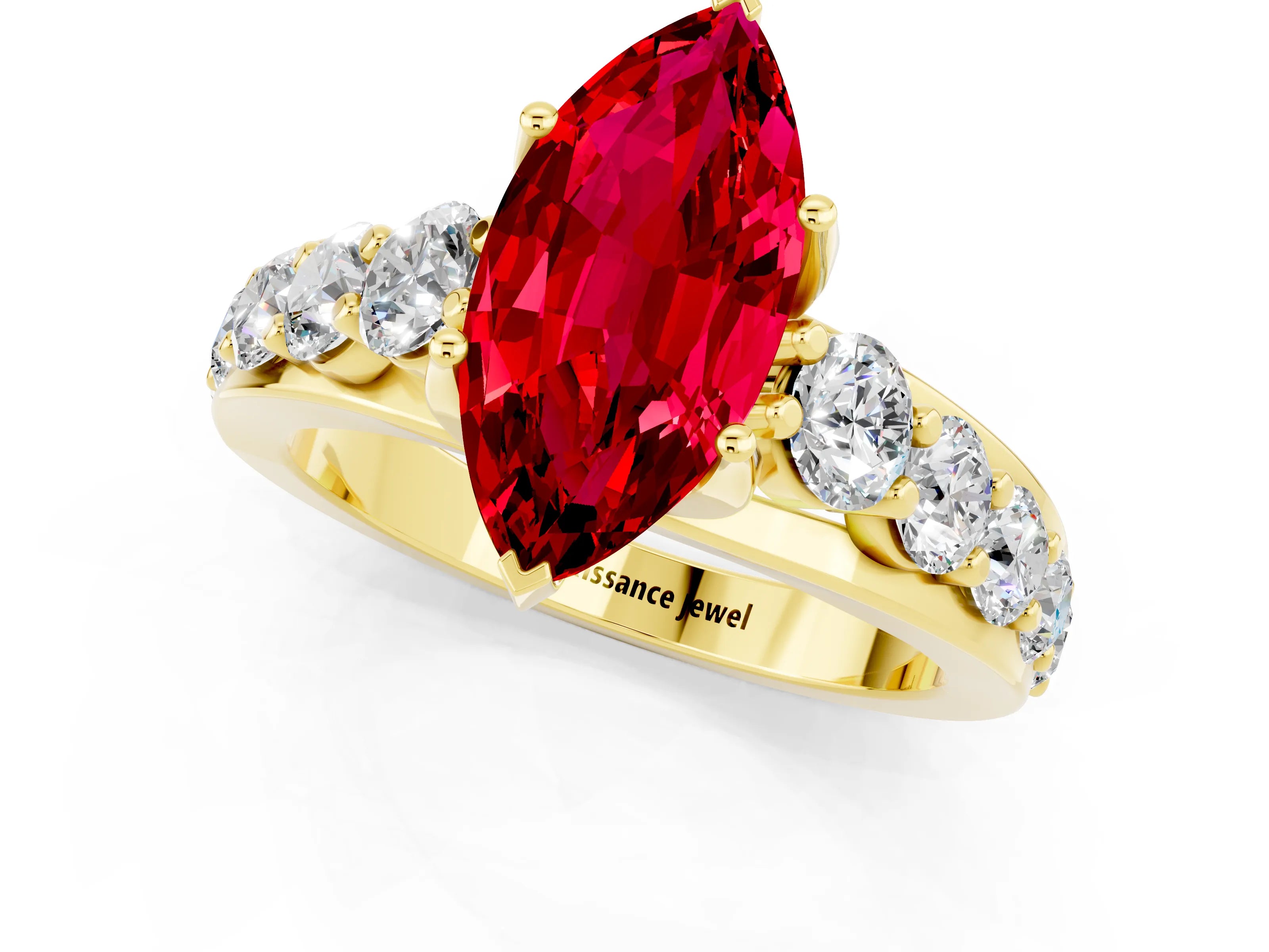 Yellow gold Marquise Cut Ruby Engagement Ring with Pavé Band and Four-Prong Setting_1