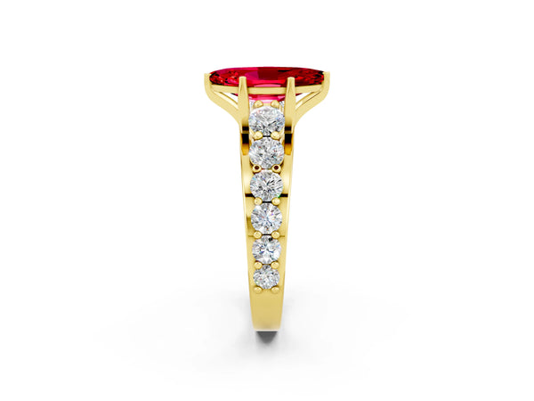 Yellow gold Marquise Cut Ruby Engagement Ring with Pavé Band and Four-Prong Setting