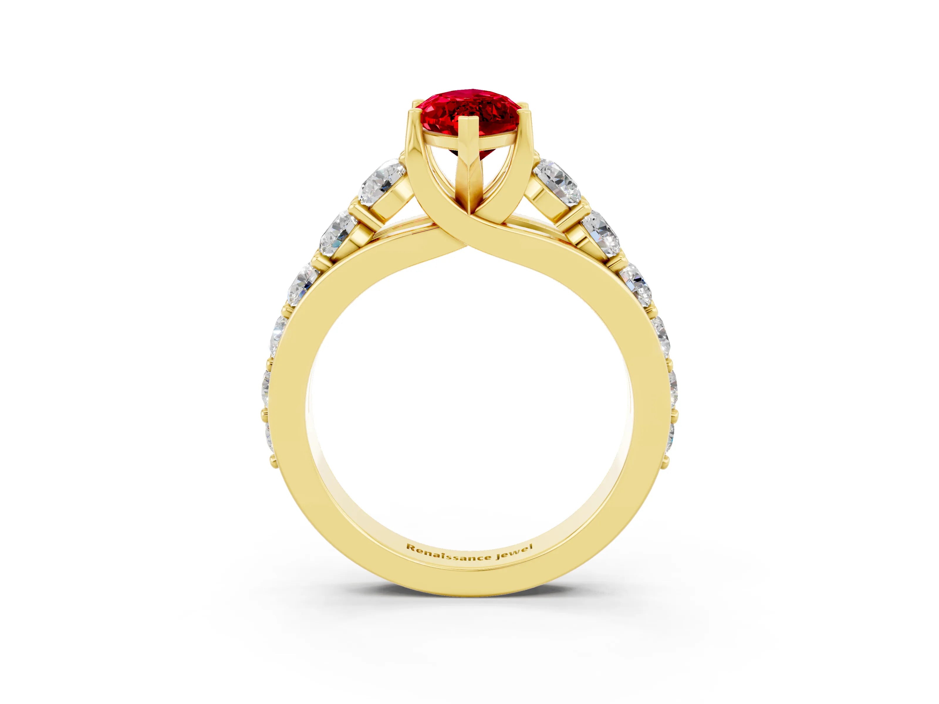 Yellow gold Marquise Cut Ruby Engagement Ring with Pavé Band and Four-Prong Setting_3