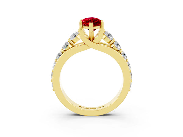 Yellow gold Marquise Cut Ruby Engagement Ring with Pavé Band and Four-Prong Setting