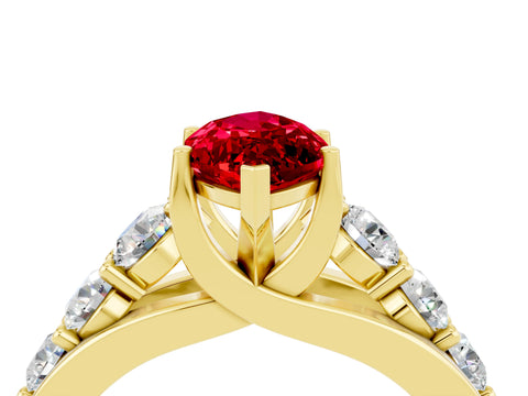 Yellow gold Marquise Cut Ruby Engagement Ring with Pavé Band and Four-Prong Setting_4