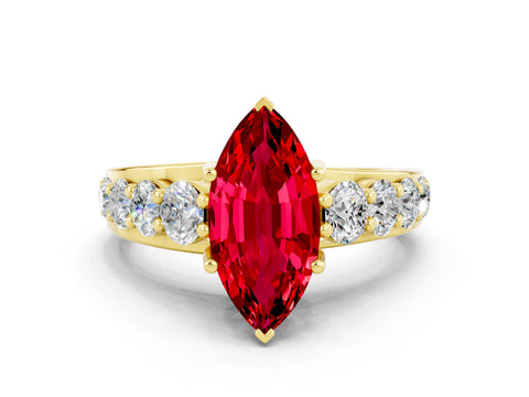 Yellow gold Marquise Cut Ruby Engagement Ring with Pavé Band and Four-Prong Setting