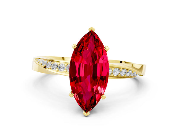 Yellow gold Marquise Cut Ruby Engagement Ring with Side Stone Accents and Four-Prong Setting