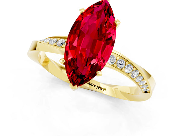 Yellow gold Marquise Cut Ruby Engagement Ring with Side Stone Accents and Four-Prong Setting