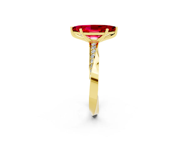 Yellow gold Marquise Cut Ruby Engagement Ring with Side Stone Accents and Four-Prong Setting