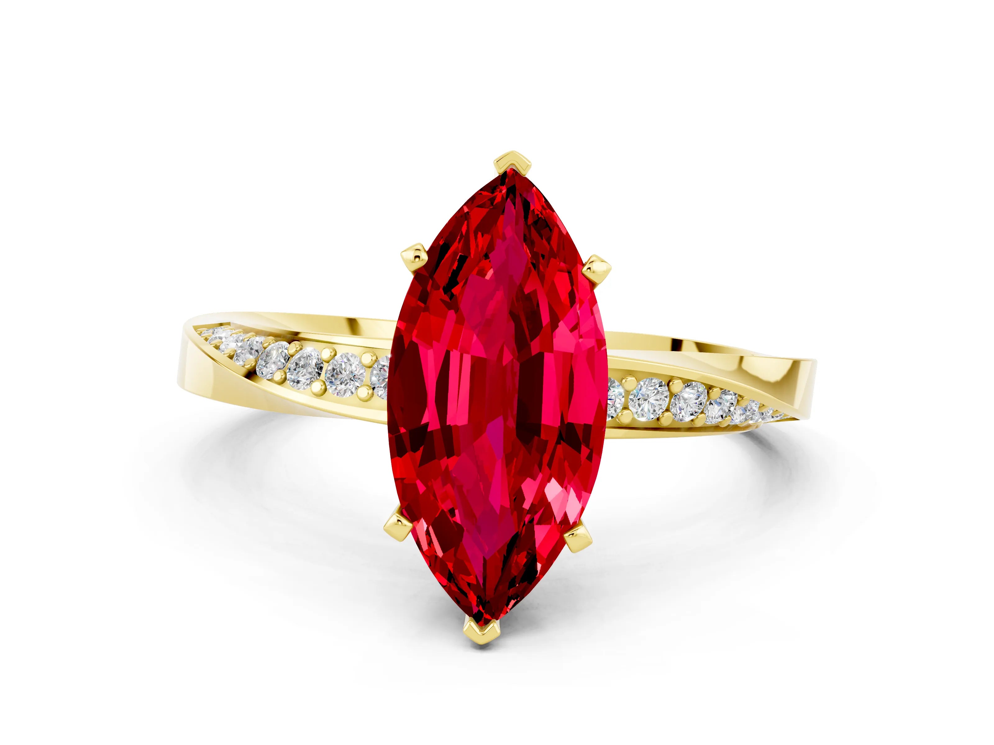 Yellow gold Marquise Cut Ruby Engagement Ring with Side Stone Accents and Four-Prong Setting_27