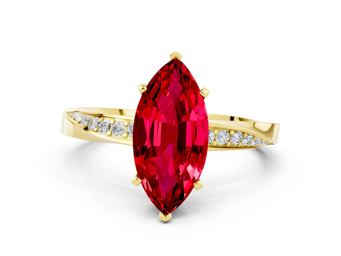 Yellow gold Marquise Cut Ruby Engagement Ring with Side Stone Accents and Four-Prong Setting_60