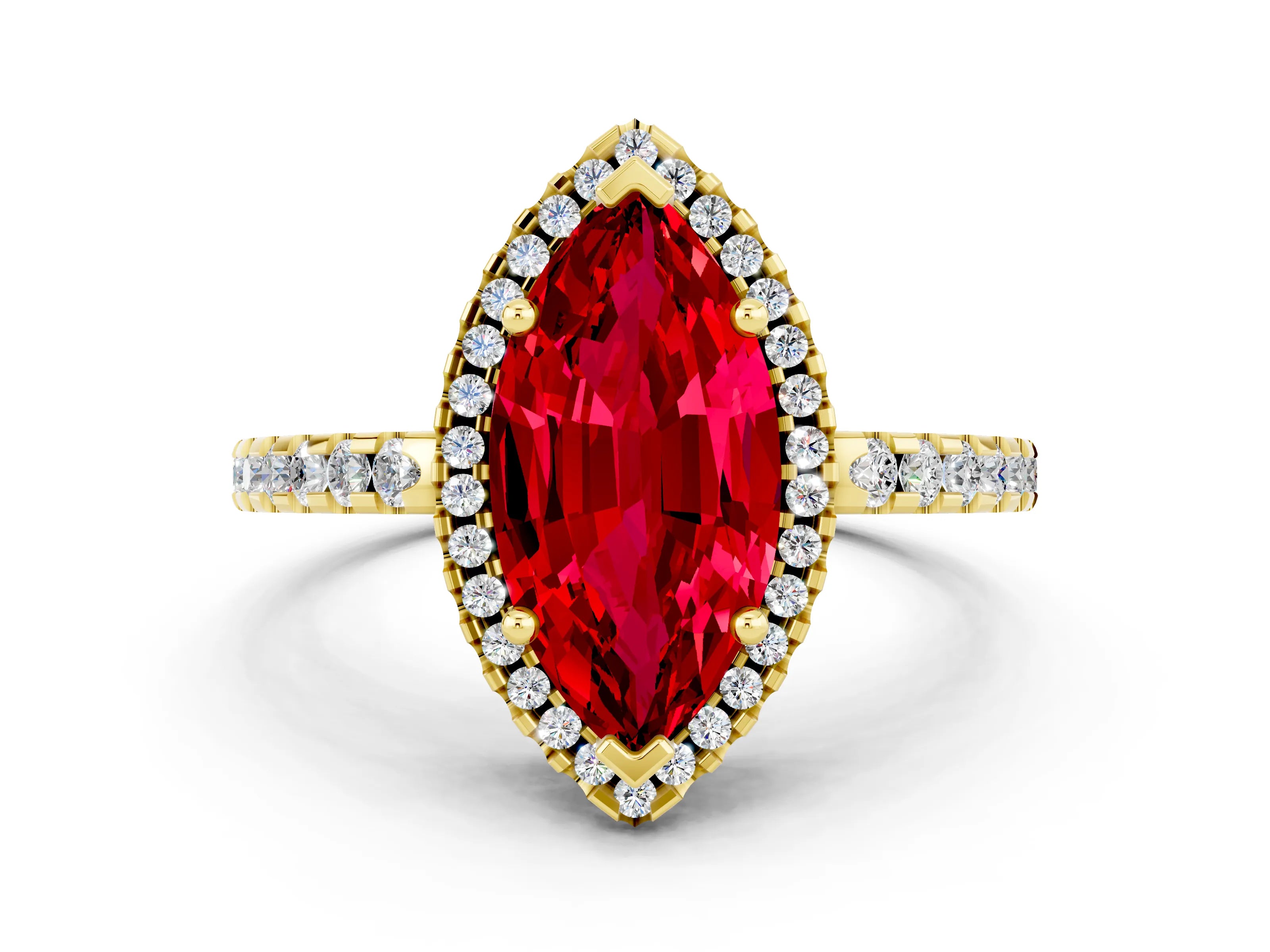 Yellow gold Marquise Cut Ruby Halo Engagement Ring with Pavé Band and Prong Setting_12
