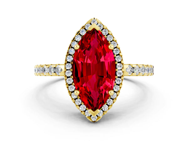 Yellow gold Marquise Cut Ruby Halo Engagement Ring with Pavé Band and Prong Setting