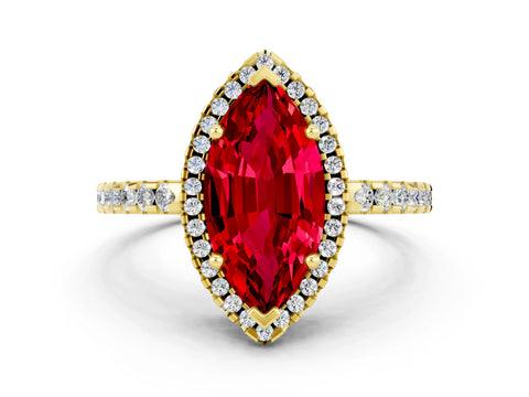 Yellow gold Marquise Cut Ruby Halo Engagement Ring with Pavé Band and Prong Setting_12