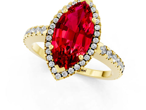 Yellow gold Marquise Cut Ruby Halo Engagement Ring with Pavé Band and Prong Setting_13
