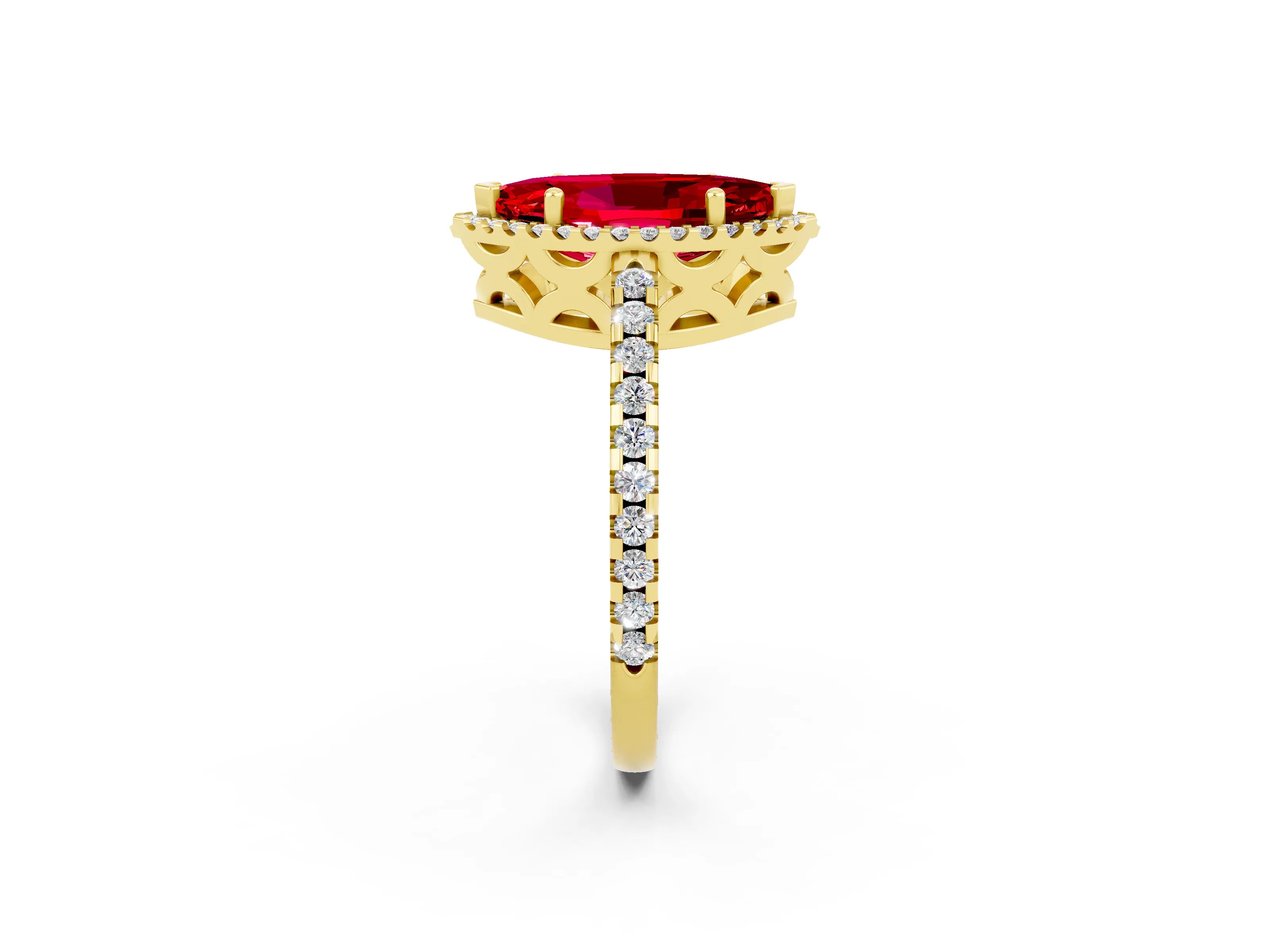 Yellow gold Marquise Cut Ruby Halo Engagement Ring with Pavé Band and Prong Setting_14