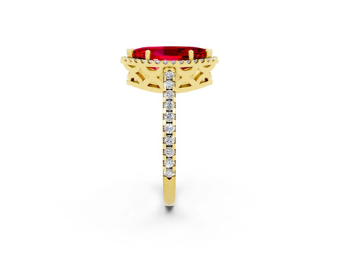 Yellow gold Marquise Cut Ruby Halo Engagement Ring with Pavé Band and Prong Setting_14