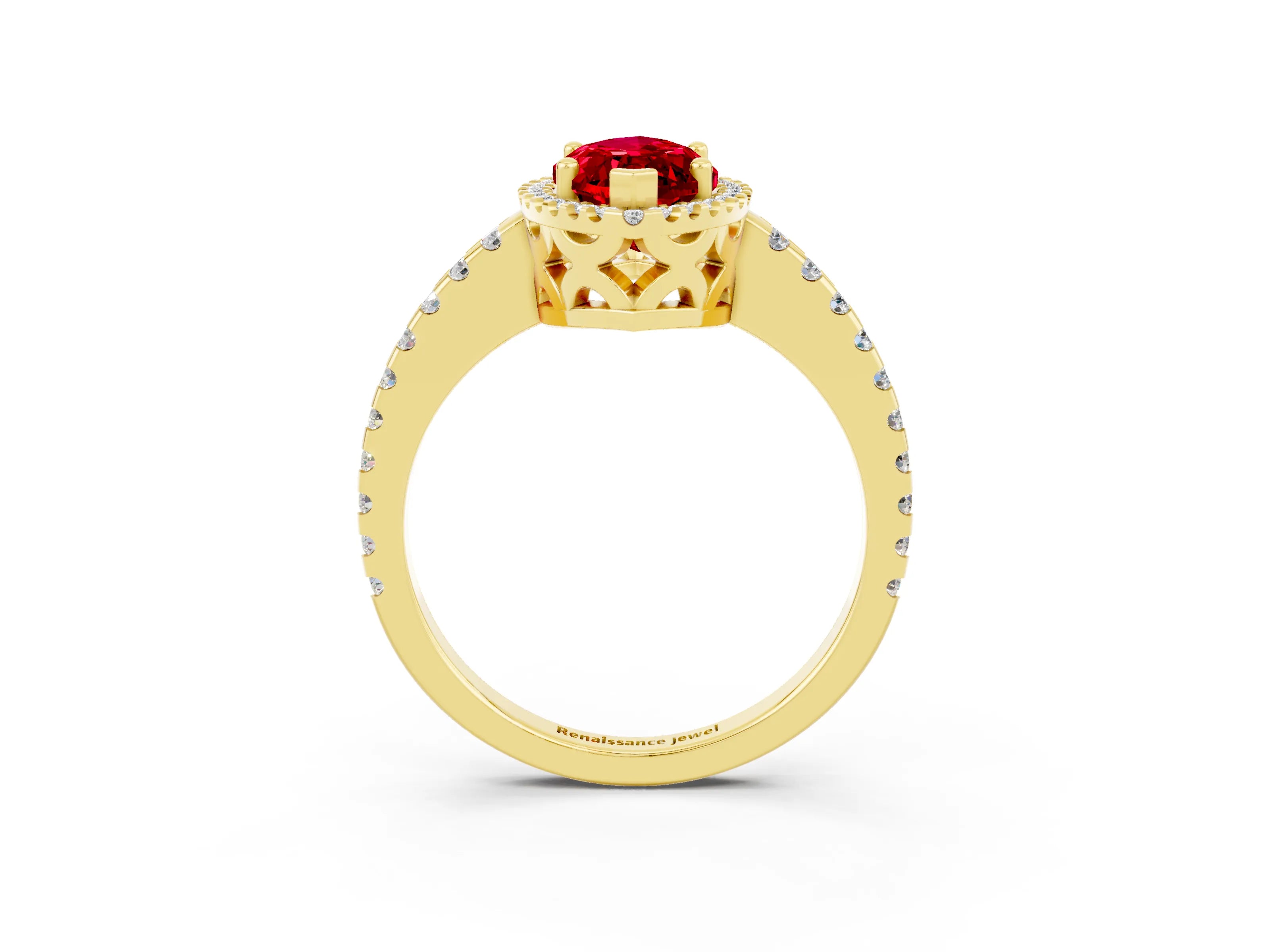 Yellow gold Marquise Cut Ruby Halo Engagement Ring with Pavé Band and Prong Setting_15