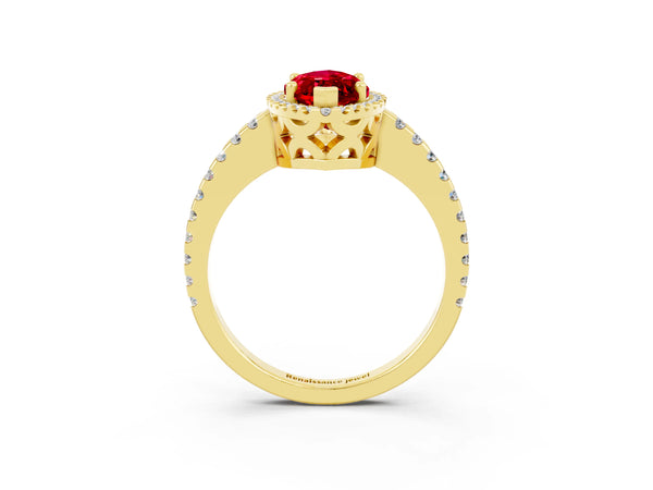 Yellow gold Marquise Cut Ruby Halo Engagement Ring with Pavé Band and Prong Setting