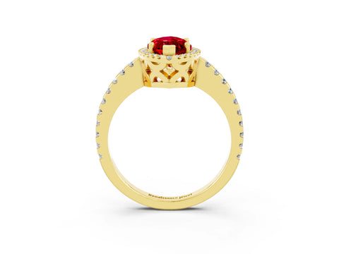 Yellow gold Marquise Cut Ruby Halo Engagement Ring with Pavé Band and Prong Setting_15
