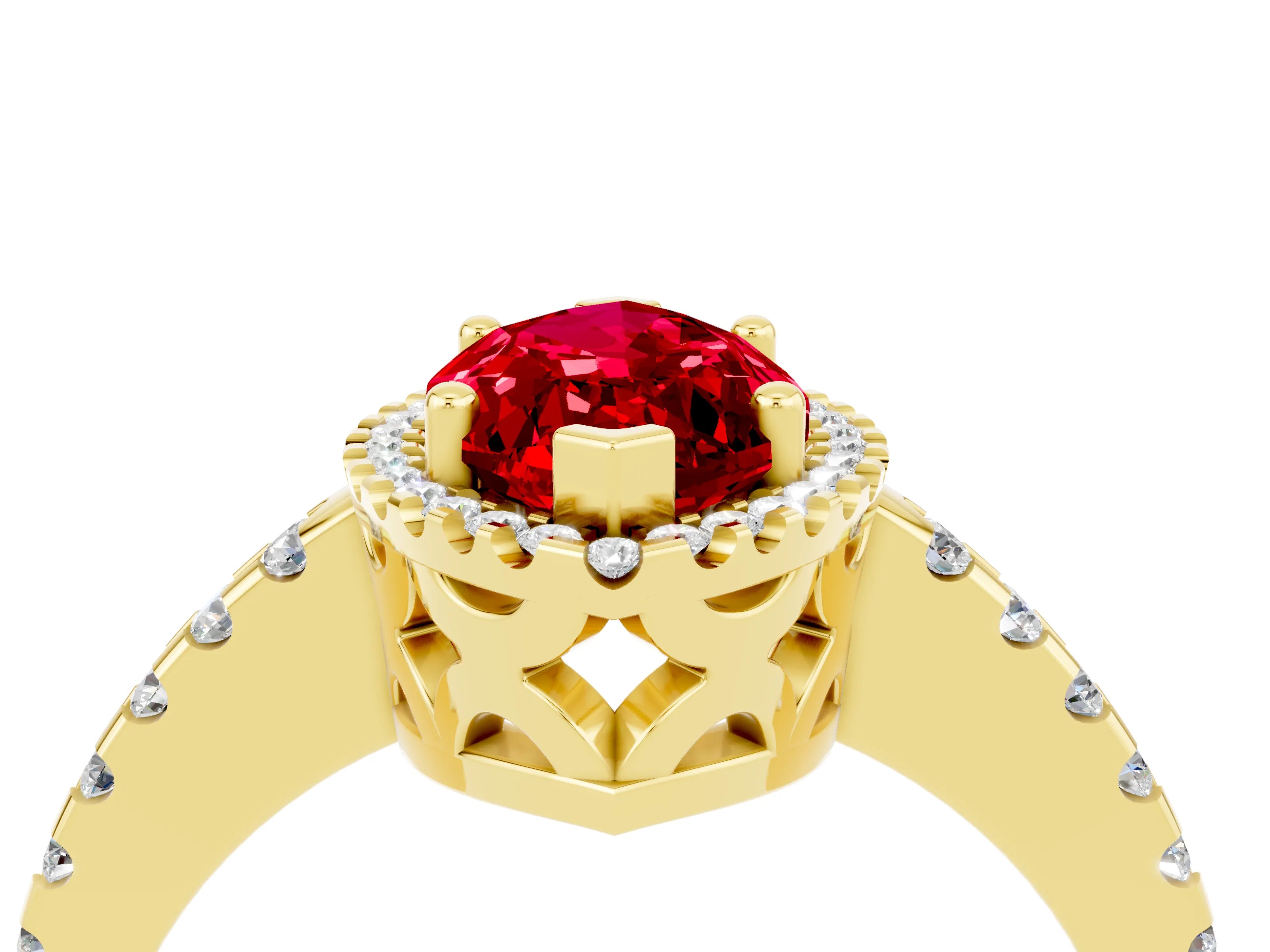 Yellow gold Marquise Cut Ruby Halo Engagement Ring with Pavé Band and Prong Setting_16