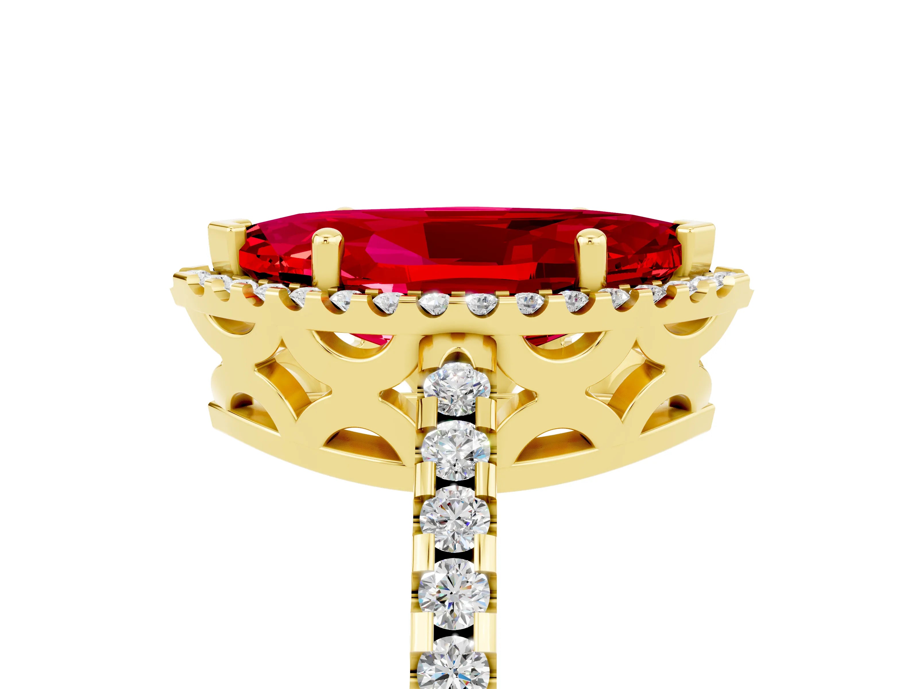 Yellow gold Marquise Cut Ruby Halo Engagement Ring with Pavé Band and Prong Setting_17