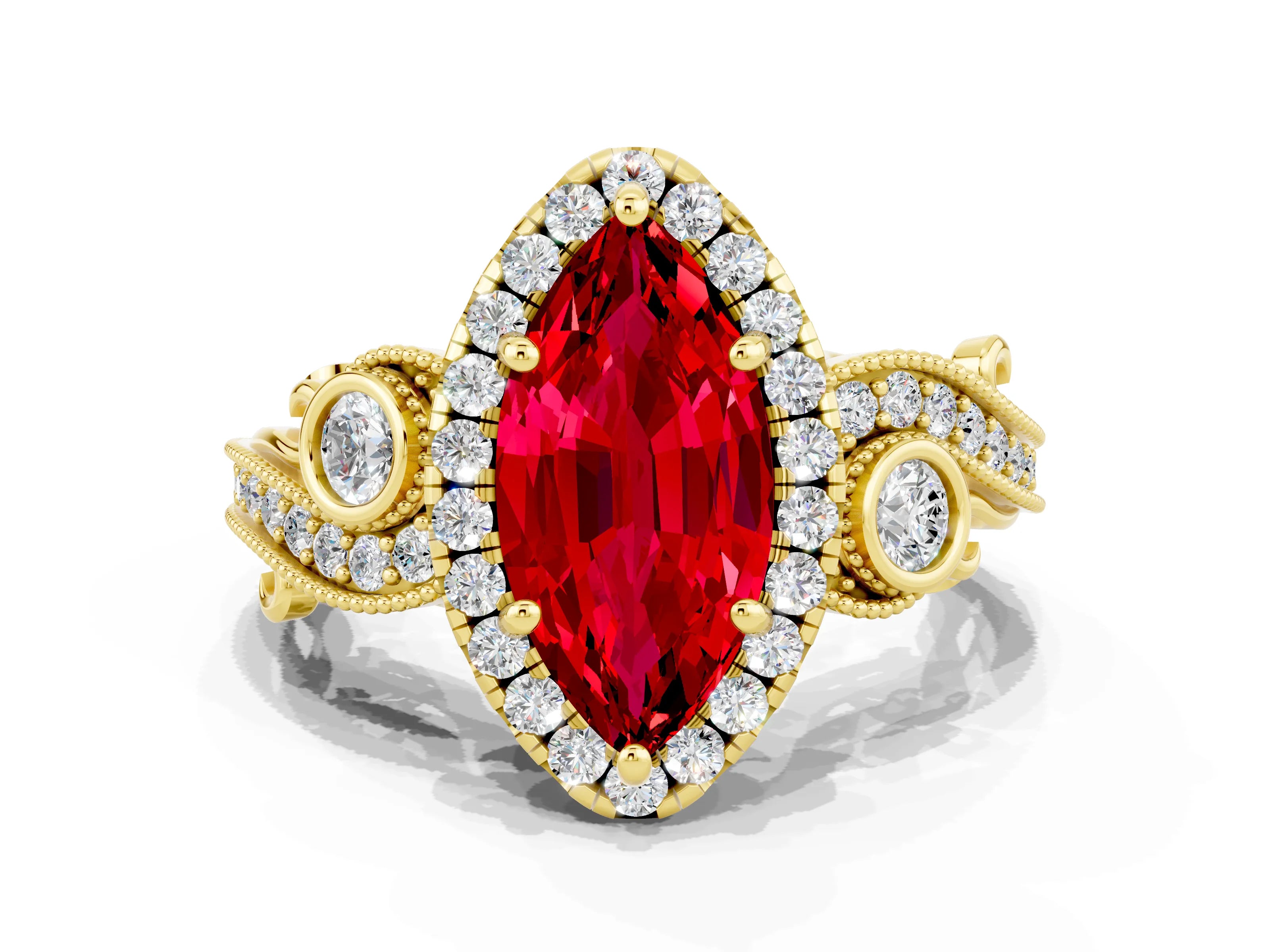 Yellow gold Marquise Cut Ruby Halo Ring with Milgrain Pavé Band and Four-Prong Setting_24