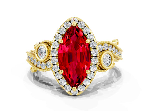 Yellow gold Marquise Cut Ruby Halo Ring with Milgrain Pavé Band and Four-Prong Setting_24