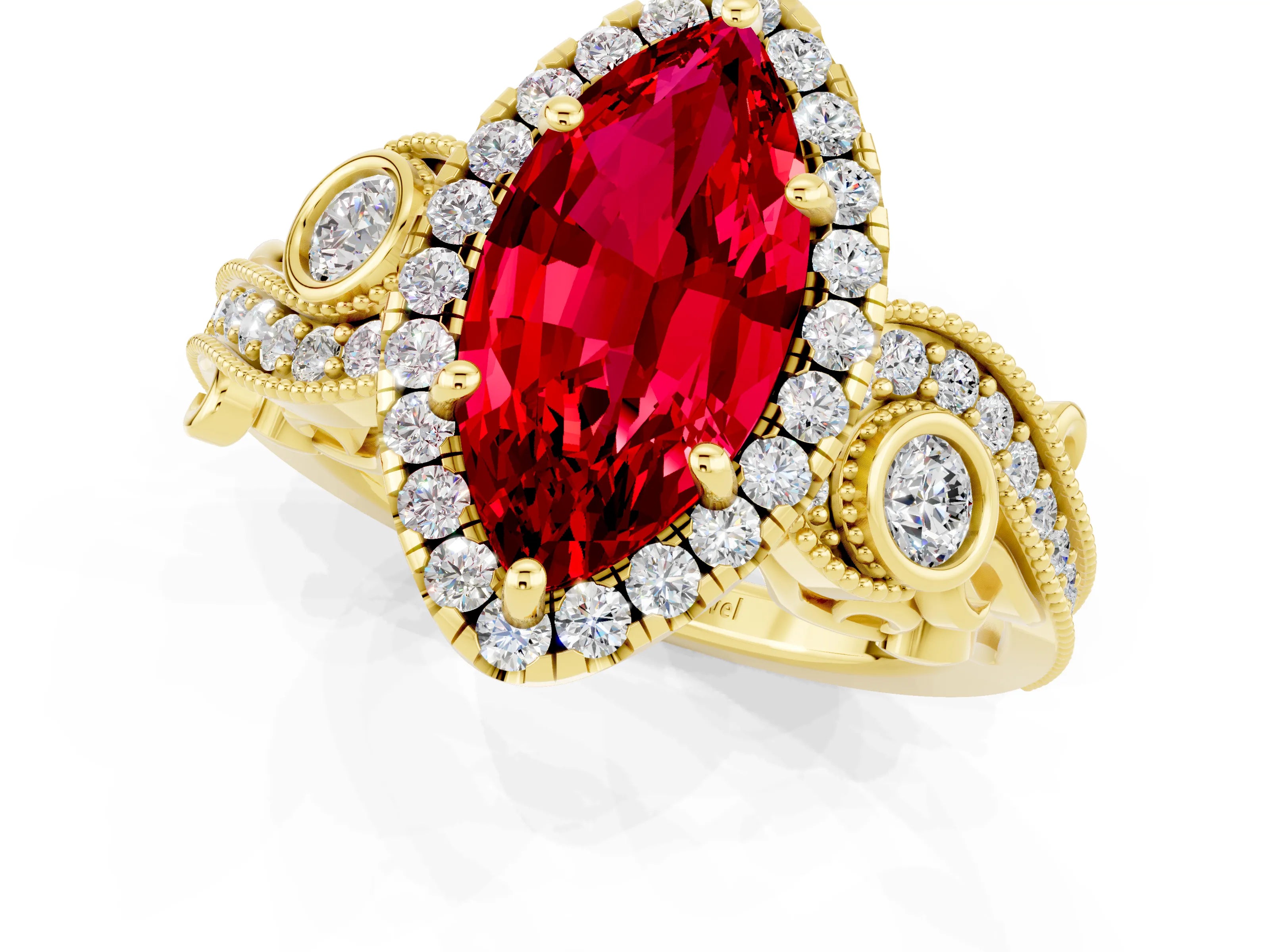 Yellow gold Marquise Cut Ruby Halo Ring with Milgrain Pavé Band and Four-Prong Setting_25