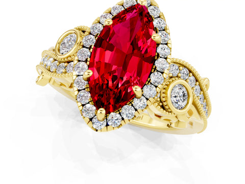 Yellow gold Marquise Cut Ruby Halo Ring with Milgrain Pavé Band and Four-Prong Setting_25