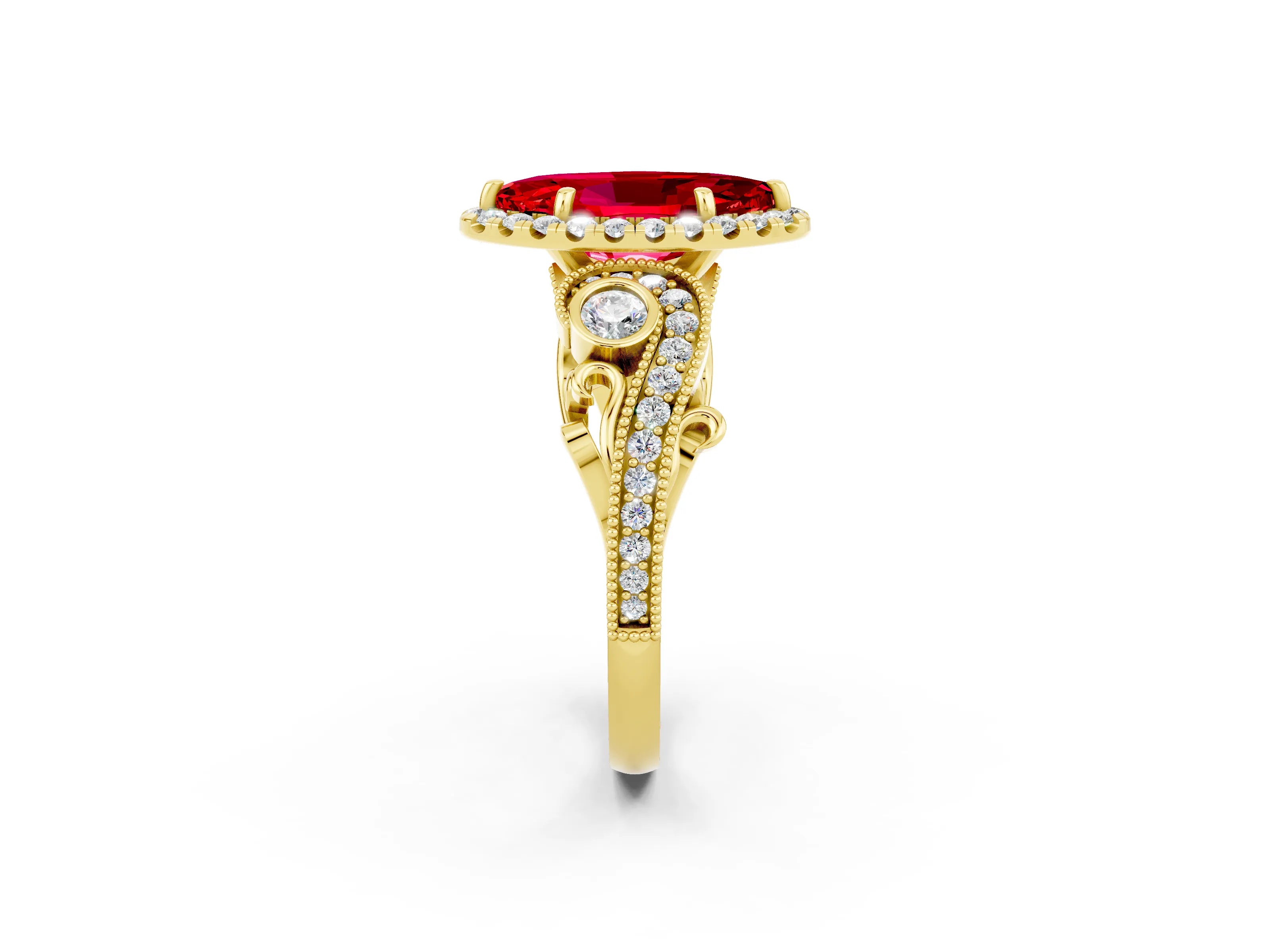 Yellow gold Marquise Cut Ruby Halo Ring with Milgrain Pavé Band and Four-Prong Setting_26