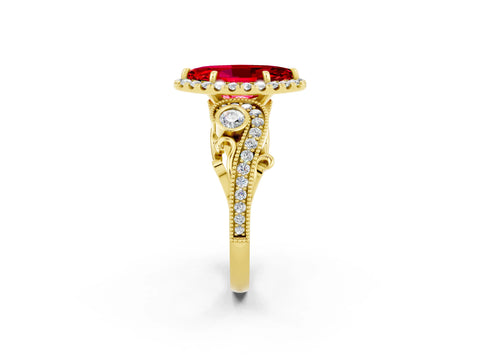 Yellow gold Marquise Cut Ruby Halo Ring with Milgrain Pavé Band and Four-Prong Setting_26