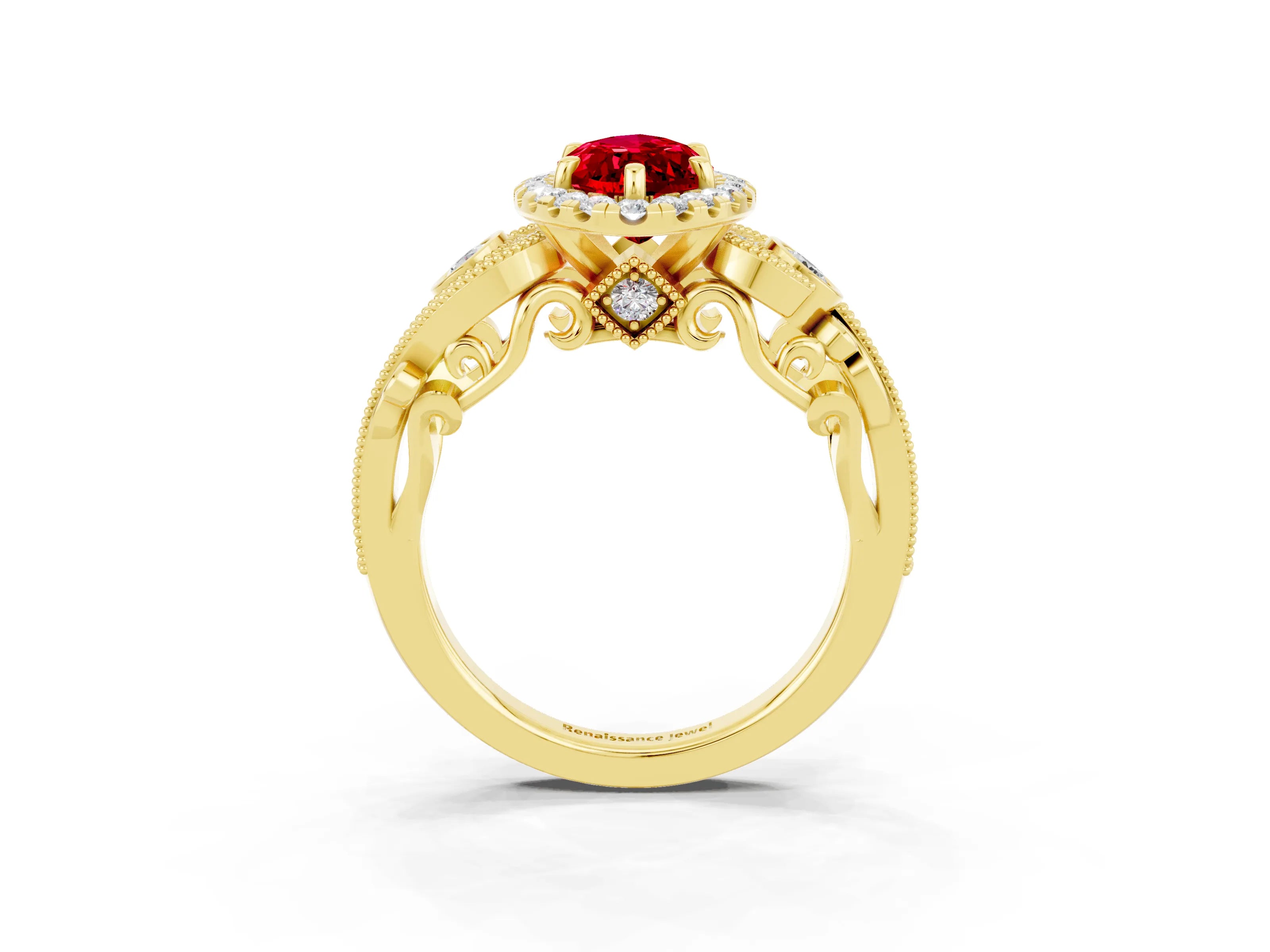 Yellow gold Marquise Cut Ruby Halo Ring with Milgrain Pavé Band and Four-Prong Setting_27
