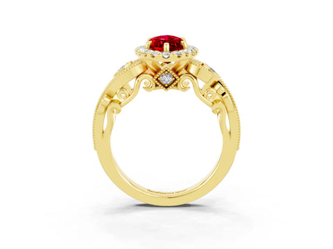 Yellow gold Marquise Cut Ruby Halo Ring with Milgrain Pavé Band and Four-Prong Setting_27