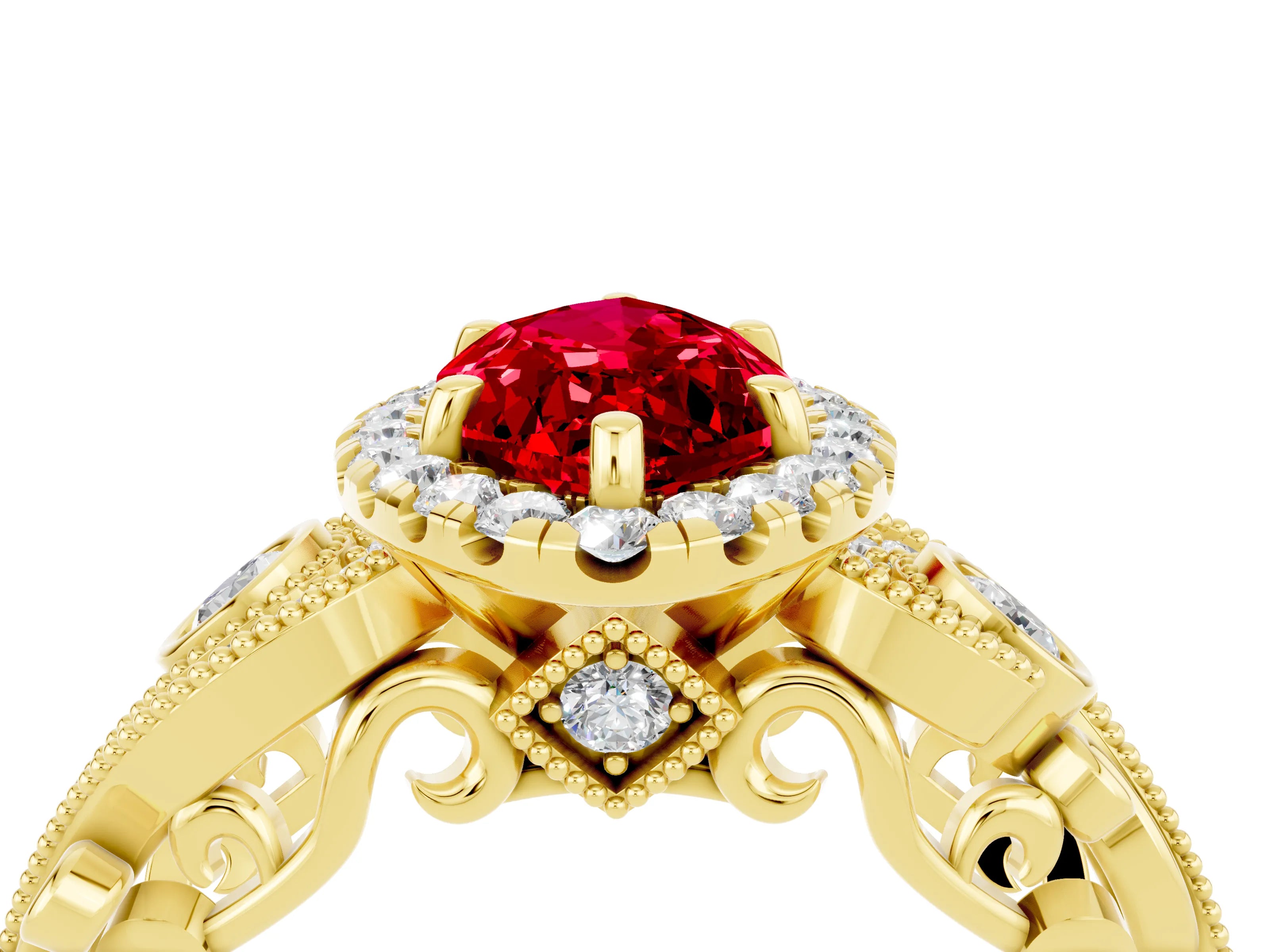 Yellow gold Marquise Cut Ruby Halo Ring with Milgrain Pavé Band and Four-Prong Setting_28