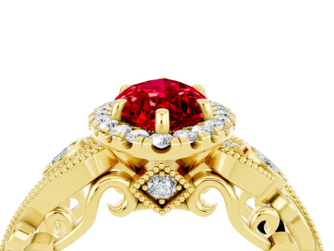 Yellow gold Marquise Cut Ruby Halo Ring with Milgrain Pavé Band and Four-Prong Setting_28