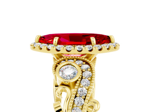 Yellow gold Marquise Cut Ruby Halo Ring with Milgrain Pavé Band and Four-Prong Setting_29