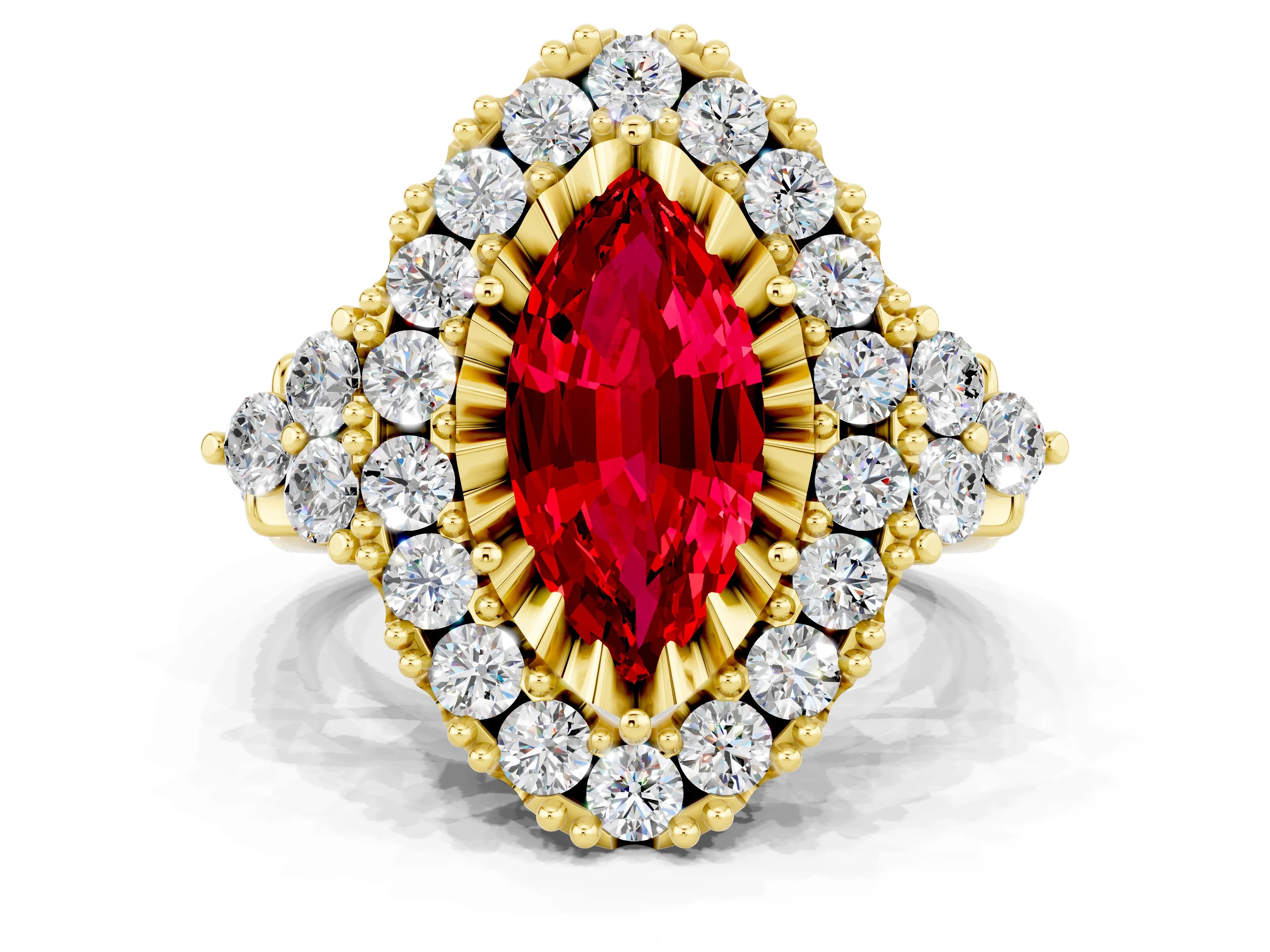 Yellow gold Marquise Cut Ruby Halo Ring with Pavé Band and Four-Prong Setting_12