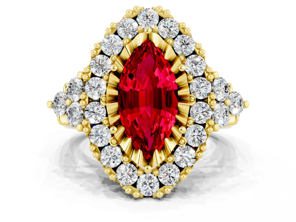 Yellow gold Marquise Cut Ruby Halo Ring with Pavé Band and Four-Prong Setting