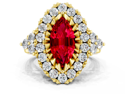 Yellow gold Marquise Cut Ruby Halo Ring with Pavé Band and Four-Prong Setting_12