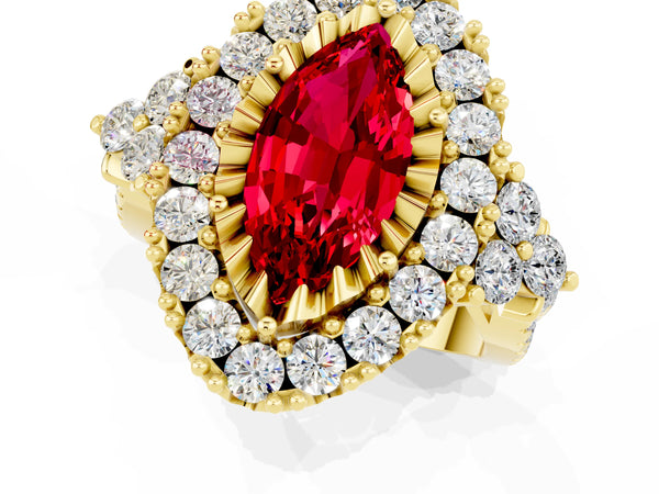 Yellow gold Marquise Cut Ruby Halo Ring with Pavé Band and Four-Prong Setting