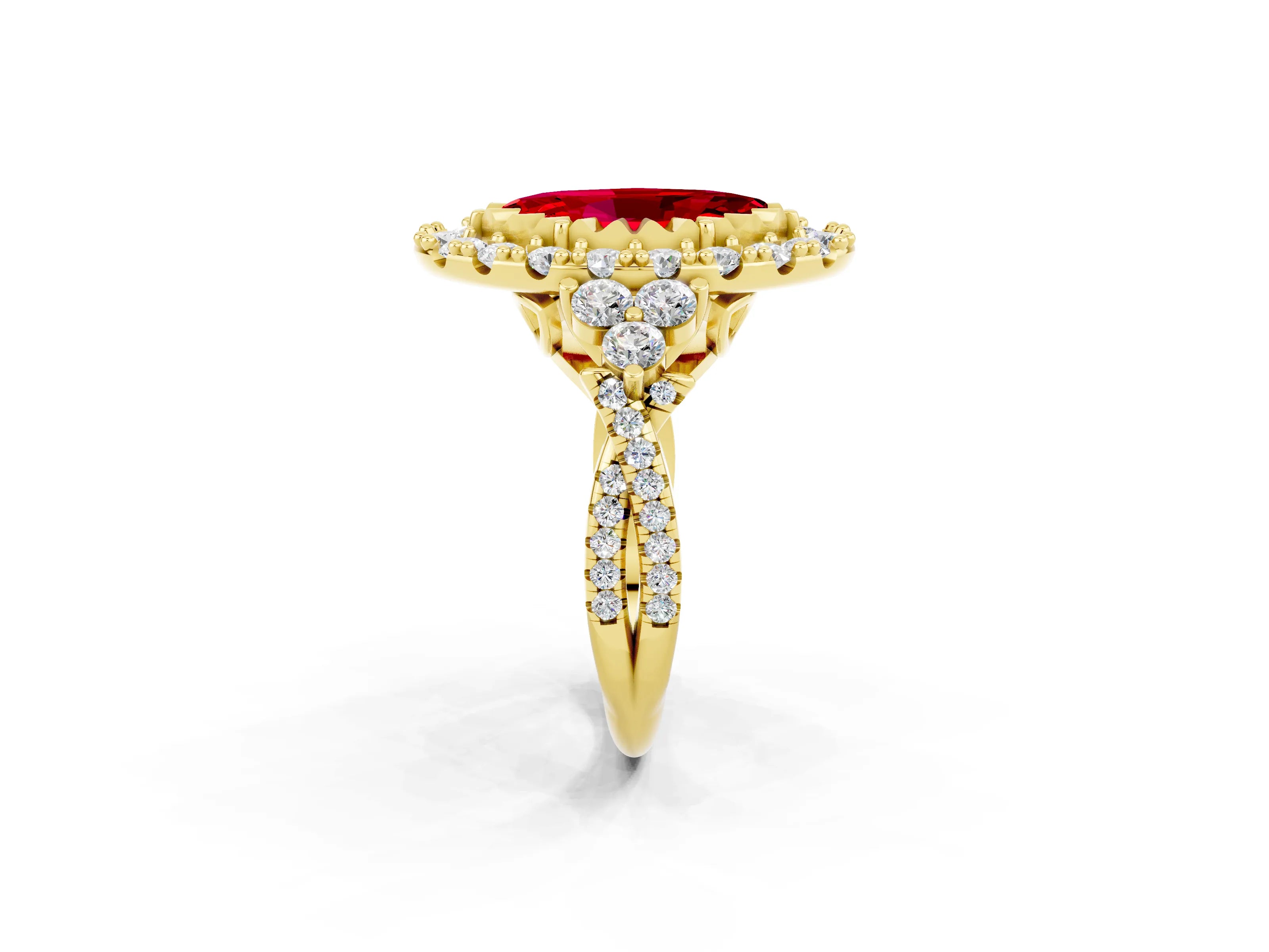 Yellow gold Marquise Cut Ruby Halo Ring with Pavé Band and Four-Prong Setting_14