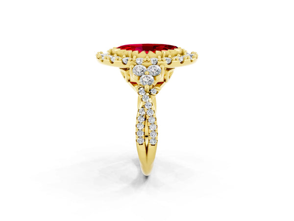 Yellow gold Marquise Cut Ruby Halo Ring with Pavé Band and Four-Prong Setting